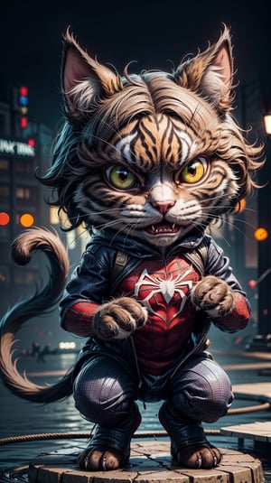 There is a cat, wearing a spiderman costume, angry cat, river background, cute, big head, bokeh, full body shot,Fantz cartoon monster