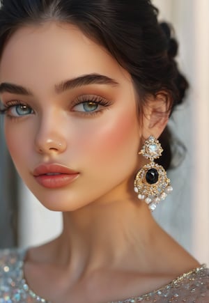 1girl, solo, looking at viewer, black hair, jewelry, upper body, earrings, parted lips, blurry, lips, eyelashes, makeup, ring, eyeshadow, Face details,ENHANCE,photorealistic,4k