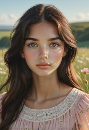 A photorealistic portrait of a stunning young girl with long, straight dark brown hair, cascading over her shoulders. She has deep brown eyes and soft, tan skin, with a light dusting of freckles across her nose. She stands in a sunny meadow, wearing a soft pink dress with floral patterns, the fabric moving gently in the breeze. The sunlight falls perfectly across her face, highlighting her features as she gazes warmly at the viewer. The meadow is filled with wildflowers and tall grass, with a bright blue sky above. Realistic textures, 4K resolution, ENHANCE, high detail, natural lighting, cinematic framing