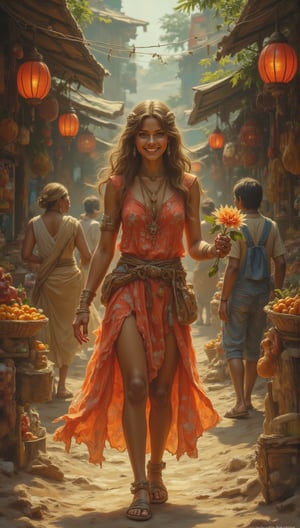  a radiant beauty, is standing in the middle of a vibrant street market in Southeast Asia. The street is bustling with colorful stalls selling exotic fruits, spices, and handcrafted goods. Ashal wears a flowing summer dress, her smile bright as she holds a freshly picked flower. Lanterns hang overhead, casting a soft glow on the lively crowd.