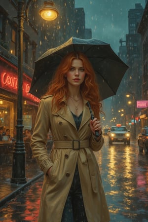 On a rainy evening in the city, a woman with wavy auburn hair and warm amber eyes stands under the soft glow of a streetlamp. She wears a long beige trench coat and holds a black umbrella as the rain gently falls around her. The city streets glisten with reflections of neon lights, creating a colorful contrast against the wet pavement. Cars pass by, splashing water onto the sidewalks, while the distant sound of jazz music escapes from a nearby café. Mid art.