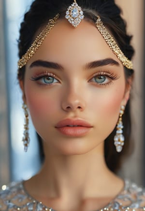1girl, solo, looking at viewer, black hair, jewelry, upper body, earrings, parted lips, blurry, lips, eyelashes, makeup, ring, eyeshadow, Face details,ENHANCE,photorealistic,4k