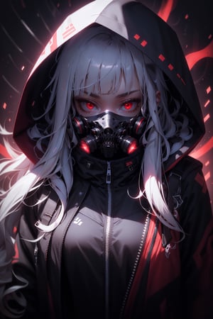 1girl, solo, long hair, looking at viewer, bangs, red eyes, jacket, upper body, white hair, hood, blunt bangs, open jacket, hoodie, mask, glowing, glowing eyes, hooded jacket, hood up, zipper, mouth mask, gas mask