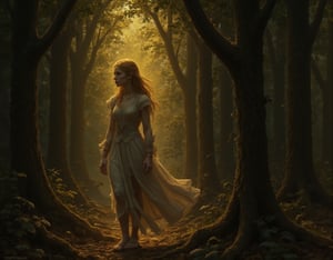 A young girl stands at the edge of a misty forest, bathed in the golden light of the setting sun. Her long, flowing dress catches the breeze as she gazes into the dense, shadowy woods. The soft light creates a stark contrast between her serene, glowing figure and the dark, mysterious trees behind her. The scene feels both peaceful and ominous, as if she’s on the brink of discovering something hidden within the forest’s depths."