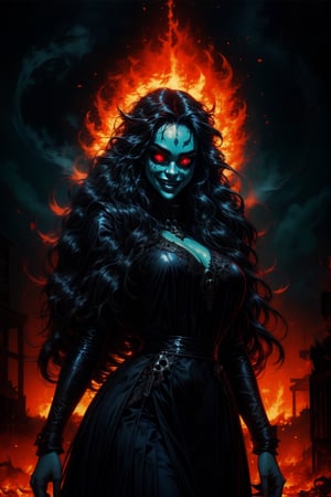 1girl, long hair, breasts, smile, large breasts, black hair, red eyes, 1boy, dress, black dress, torn clothes, glowing, colored skin, fire, glowing eyes, claws, colored sclera, skull, giant,nodf_lora