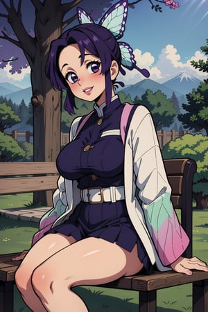 1girl, solo, breasts, looking at viewer, blush, smile, short hair, bangs, skirt, large breasts, black hair, hair ornament, long sleeves, medium breasts, sitting, purple eyes, jacket, purple hair, sidelocks, multicolored hair, pleated skirt, outdoors, parted lips, japanese clothes, day, belt, miniskirt, wide sleeves, two-tone hair, tree, lips, parted bangs, gradient hair, purple skirt, butterfly hair ornament, bench, haori, white belt, demon slayer uniform, kochou shinobu