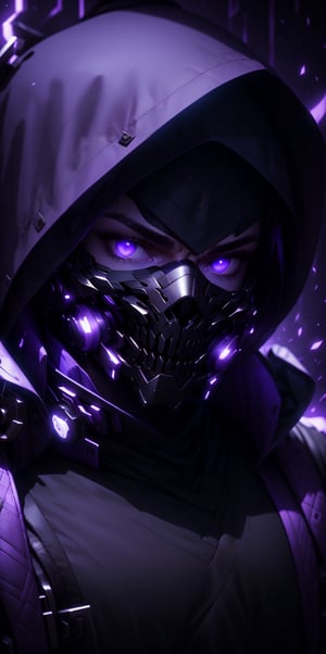 solo, looking at viewer, 1boy, purple eyes, jacket, upper body, male focus, hood, mask, glowing, portrait, glowing eyes, hood up, purple background