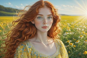 A photorealistic portrait of a beautiful young girl with long, curly red hair cascading down her back, her bright green eyes sparkling in the sunlight. She has pale skin with a light dusting of freckles across her cheeks. She stands in the middle of a vibrant flower field, wearing a soft, flowing yellow dress that contrasts with the sea of colorful blooms around her. The sun casts a gentle, warm light on her face as she looks directly at the viewer with a soft, thoughtful expression. The sky above is clear and blue, with the flowers swaying gently in the breeze. Realistic textures, 4K resolution, ENHANCE, high detail, natural lighting, cinematic framing