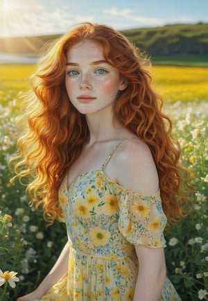 A photorealistic portrait of a beautiful young girl with long, curly red hair cascading down her back, her bright green eyes sparkling in the sunlight. She has pale skin with a light dusting of freckles across her cheeks. She stands in the middle of a vibrant flower field, wearing a soft, flowing yellow dress that contrasts with the sea of colorful blooms around her. The sun casts a gentle, warm light on her face as she looks directly at the viewer with a soft, thoughtful expression. The sky above is clear and blue, with the flowers swaying gently in the breeze. Realistic textures, 4K resolution, ENHANCE, high detail, natural lighting, cinematic framing