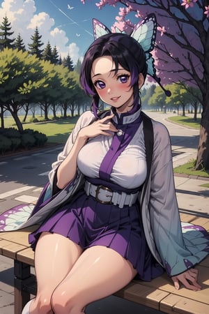 1girl, solo, breasts, looking at viewer, blush, smile, short hair, bangs, skirt, large breasts, black hair, hair ornament, long sleeves, medium breasts, sitting, purple eyes, jacket, purple hair, sidelocks, multicolored hair, pleated skirt, outdoors, parted lips, japanese clothes, day, belt, miniskirt, wide sleeves, two-tone hair, tree, lips, parted bangs, gradient hair, purple skirt, butterfly hair ornament, bench, haori, white belt, demon slayer uniform, kochou shinobu