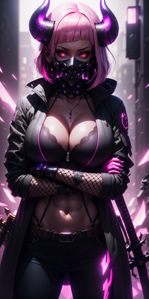1girl, breasts, looking at viewer, short hair, bangs, black hair, red eyes, gloves, long sleeves, cleavage, jewelry, medium breasts, standing, jacket, weapon, pink hair, multicolored hair, cowboy shot, earrings, open clothes, horns, solo focus, black gloves, sword, pink eyes, armor, blurry, open jacket, coat, black jacket, bodysuit, gradient hair, mask, depth of field, blurry background, swept bangs, glowing, crossed arms, katana, sheath, fishnets, glowing eyes, sheathed, mouth mask, weapon on back, cyberpunk