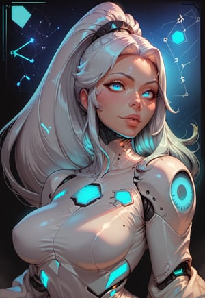 score_9, score_8_up, score_7_up, godrays, 1girl, cute android girl, robot parts, long hair, high ponytail, glowing blue veins, tight white bodysuit, large breasts, pinup pose, seductive pose, dynamic pose, science fiction scene, constellation,Digital art