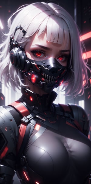 1girl, solo, looking at viewer, short hair, bangs, red eyes, white hair, hand up, hair over one eye, bodysuit, mask, glowing, portrait, science fiction, mouth mask