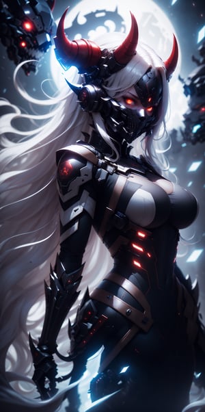1girl, solo, long hair, breasts, looking at viewer, red eyes, medium breasts, upper body, white hair, cowboy shot, horns, armor, mask, floating hair, glowing, wind, glowing eyes, science fiction, arms at sides