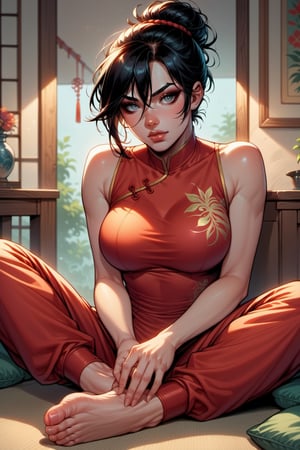 score_9, score_8_up, score_7_up,1girl, solo, breasts, looking at viewer, short hair, large breasts, black hair, hair between eyes, sitting, hairband, barefoot, pants, indoors, hair bun, feet, lips, toes, chinese clothes, toeless legwear, blind,Comics style pony,