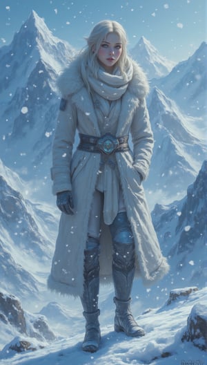  a striking young woman with luminous skin and captivating eyes, is standing on the edge of a snow-covered mountain. She is wrapped in a stylish winter coat and scarf, her breath visible in the cold air. The vast mountain range stretches into the distance under a clear, blue sky. Snowflakes gently fall around her, creating a peaceful and serene scene.