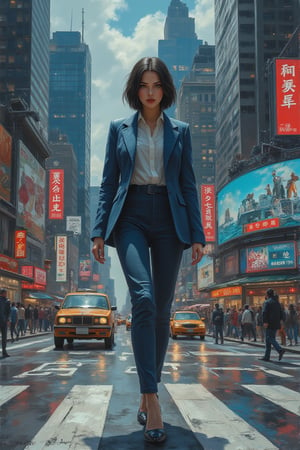 In the heart of a bustling metropolis, a stylish woman with short black hair and sharp brown eyes stands at a busy intersection. She wears a tailored navy-blue blazer with a white blouse underneath, her professional look enhanced by sleek high heels. Skyscrapers tower above her, and the hum of city life fills the air, with cars and pedestrians rushing by. Neon signs flash from storefronts, while towering billboards light up the scene. She confidently strides across the street, blending into the vibrant rhythm of the city. Mid art.