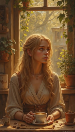  a graceful and beautiful girl, is sitting inside a cozy, rustic café. She holds a warm cup of coffee in her hands, her expression calm and thoughtful as she gazes out of the window. The sunlight streams through the window, casting soft shadows on the wooden table and the potted plants on the windowsill. The café’s interior is warm, with vintage decor and a peaceful ambiance.