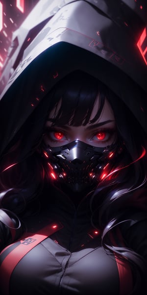 1girl, solo, long hair, looking at viewer, bangs, black hair, red eyes, upper body, hood, eyelashes, mask, glowing, portrait, glowing eyes, hood up