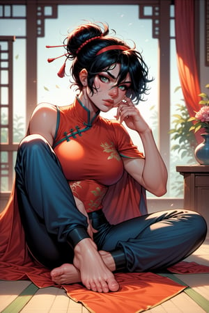 score_9, score_8_up, score_7_up,1girl, solo, breasts, looking at viewer, short hair, large breasts, black hair, hair between eyes, sitting, hairband, barefoot, pants, indoors, hair bun, feet, lips, toes, chinese clothes, toeless legwear, blind,Comics style pony,