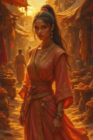 A woman with sleek, jet-black hair tied into a high ponytail and striking violet eyes stands in a bustling marketplace at sunset. She wears a flowing, traditional silk robe adorned with intricate gold embroidery. Around her, the market is alive with vibrant colors, exotic spices, and bustling vendors selling everything from jewelry to fabrics. The golden light of the setting sun bathes the entire scene in a warm glow, adding a sense of timeless beauty to the moment. Mid art.