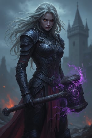 A close-up cinematic shot of a fierce female warrior with piercing amber eyes and a fearless gaze, gripping a massive, enchanted war hammer. Her armor is adorned with intricate engravings of celestial stars and ancient symbols, gleaming faintly under the dull light of a stormy, twilight sky. Her long, silver hair flows wildly in the wind, and dirt mixes with the sweat on her brow. The war hammer she holds crackles with electric energy, its head glowing with radiant purple light. In the blurred background, a crumbling fortress and scattered, burning debris from a recent battle add depth and intensity to the scene,Fantasy drawing