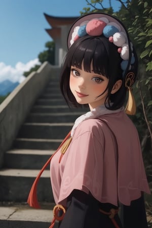  yunjindef, upper body, smile, blush, outdoors, day, simple background, blue sky, short hair, sky, temple, looking at viewer, stairs, mountain, moody lighting, facing viewer,Anime face details