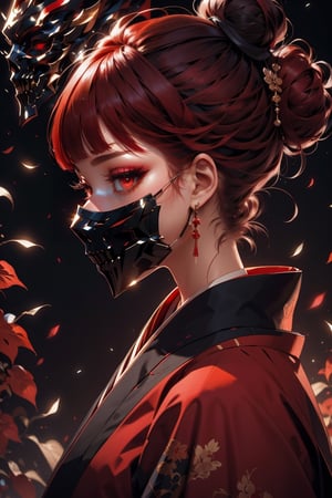 Ghost mask,1girl, solo, looking at viewer, short hair, bangs, black hair, hair ornament, red eyes, upper body, red hair, multicolored hair, earrings, japanese clothes, kimono, hair bun, blurry, from side, streaked hair, looking to the side, eyelashes, tattoo, profile, makeup, mask, glowing, single hair bun, portrait, eyeshadow, red lips, red kimono, black kimono
