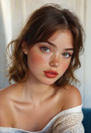 1girl, solo, looking at viewer, bangs, brown hair, parted lips, teeth, lips, makeup, portrait, close-up, freckles, red lips, full body, sitting,ENHANCE,photorealistic,4k,Extremely Realistic