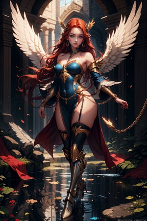 1girl, solo, long hair, breasts, looking at viewer, blue eyes, dress, holding, bare shoulders, jewelry, medium breasts, standing, red hair, earrings, boots, parted lips, detached sleeves, wings, armor, lips, thigh strap, chain, watermark, feathered wings, angel wings, vambraces, bracer