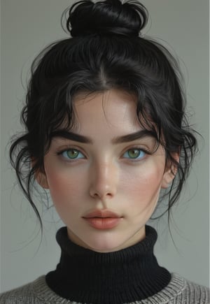 1girl, solo, looking at viewer, green eyes, black hair, black hair, closed mouth, hair bun, sweater, lips, turtleneck, portrait,, realistic, black sweater,ENHANCE,photorealistic,4k