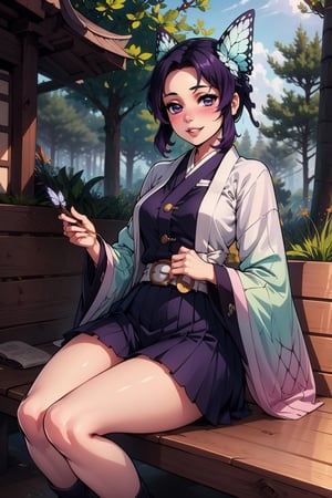 1girl, solo, breasts, looking at viewer, blush, smile, short hair, bangs, skirt, large breasts, black hair, hair ornament, long sleeves, medium breasts, sitting, purple eyes, jacket, purple hair, sidelocks, multicolored hair, pleated skirt, outdoors, parted lips, japanese clothes, day, belt, miniskirt, wide sleeves, two-tone hair, tree, lips, parted bangs, gradient hair, purple skirt, butterfly hair ornament, bench, haori, white belt, demon slayer uniform, kochou shinobu