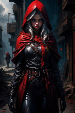 1girl, solo, long hair, looking at viewer, blue eyes, gloves, holding, standing, weapon, white hair, cowboy shot, open clothes, black gloves, belt, sword, hood, holding weapon, armor, coat, torn clothes, glowing, holding sword, black pants, hood down, arm behind back, pouch, belt pouch, red coat, glowing weapon, glowing sword,nodf_lora