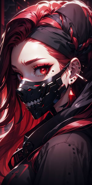 1girl, solo, looking at viewer, black hair, red eyes, upper body, braid, red hair, multicolored hair, mole, from side, two-tone hair, mole under eye, makeup, mask, scar, piercing, ear piercing, portrait, eyeshadow, hair behind ear