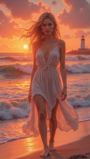  an exquisite beauty, stands on a serene beach at sunset, with the waves gently crashing against the shore. Her hair blows softly in the ocean breeze, and her light summer dress flows around her. The sky is a breathtaking mix of orange, pink, and purple hues, blending into the horizon. A distant silhouette of a lighthouse can be seen in the background.