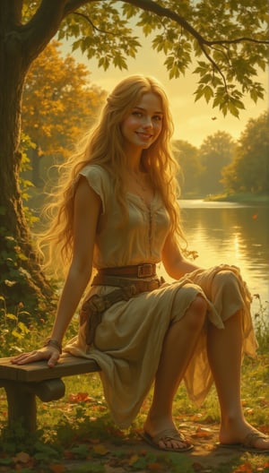  a beautiful girl with long flowing hair and radiant skin, is sitting on a park bench in the golden hour sunlight. The soft, warm light highlights her features as she smiles gently. The park is filled with lush greenery, and a few distant trees are touched with autumn colors. The background shows a calm lake reflecting the colors of the sky
