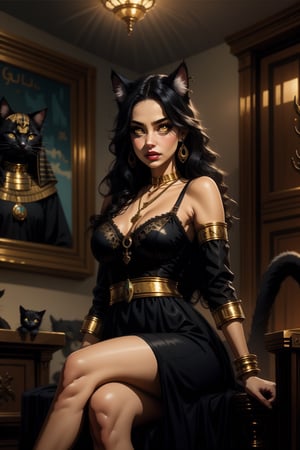 1girl, solo, long hair, breasts, looking at viewer, large breasts, black hair, dress, animal ears, cleavage, jewelry, medium breasts, sitting, closed mouth, yellow eyes, earrings, indoors, cat ears, necklace, black dress, bracelet, lips, animal, watermark, cat, crossed legs, armlet, realistic, nose, black cat, gold, throne, egyptian, egyptian clothes, ankh