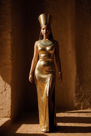 Photograph of full body portrait of Jennifer Lawrence dressed as Nefertiti in Egypt, awesome lighting