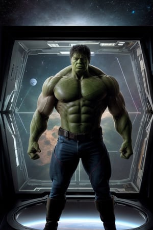 Photograph of Trump as The Hulk, in a Spaceship Control Room, holographic displays. windows showing planet Earth from space, Futuristic Technology, happy, Full Figure, avengers movie,cartoon,JessicaWaifu,stealthtech 