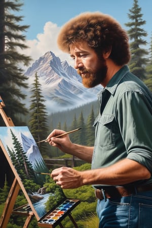 Bob Ross painting a picture with (pine trees, mountains, landscape art).
Intricate Details, studio, hyper-realistic details, cinematic lighting, realistic hair, detailed hair, upper body 