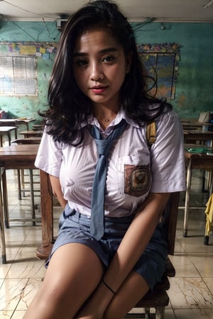 1girl, solo, curious looks, parted lips, cinematic lighting, gigantic_breasts, covered nipples, see_through, looking at viewer, dark hair, messy_hair, seductively lips,

School, classroom, table, chair, bun hair.

White Shirt, off shoulder, fishnet, panty_shot, collared shirt, wearing indonesian high school uniform,indohighschool uniform,white shirt,blue necktie

On chair ,photorealistic,wearing indonesian high school uniform, ,n4git4