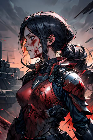 hand drawing style, extremely detailed, (illustration), (anime:1.25), best quality, masterpiece, octane render, colorful, original, solo, (woman soldier, armored girl, bloody soldier, return blood:1.25), (portrait:1.125), (black jacket:), (folded ponytail:0.8) , (hair bun:0.55), black_hair, long hair, (disheveled hair), (upper body:1.2), black eyes, blue eyes, profile, woman standing in battlefield, red sky, outdoors, (Atey Ghailan:0.75), concept art, trending on Artstation, dynamic_angle