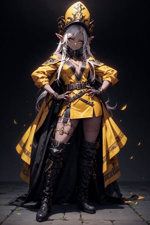 (1girl in:1.2), (Solo:1.2), masutepiece, nffsw、Shaders、Brilliant Textured Work、Ultra-detailed eyes、ultra-intricate pupil in eyes、top-quality、White hair、length hair、military costume、a miniskirt、Elven earilitary hat、(Dark skin:1.3)、flat chest、Angry face、Wasteland、Leather Belt、long boots、White Long Gloves、Slender eyes、yellow eyes、Standing picture、frim above、put hands on the hip、Point here、
,blad4, 