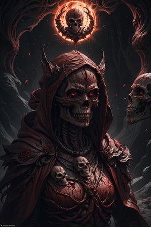 Close-up of a bunch of skulls in red hoods, Skeleton King,Beautiful bride in the middle, eerie highly detailed, Omen of bones, eerie art style, Red, Rivers of blood flow,Bloody +Red liquid+ conceptual art
