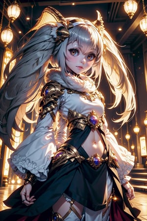 kitsune female  little child, little girl, delicate physique, soft white fur, partial silver mask, gold eyes, intricate and ornate garments, cyberpunk, little child, little child, little body, little body, little body, bellybutton full body view, tits, (Chibi), Lolita, (Chibi) Cute girl,4 year old, silver hair, twintails,(simple background),StneRm,mashiro