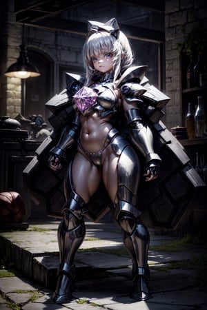 beautiful little girl, ((crystal power armor)), bellybutton, open shoulders, ((power knuckles)), the perfect body, ((crystal little thongs)), ((curvy shapes)), crystal hair
