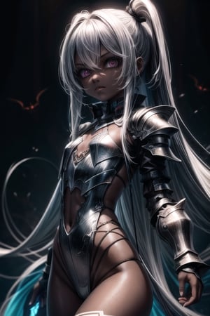 1 girl, dark skin tone, petite, small chest, futuristic armor platinum, black eyes, Evil Aura, Cursed Armor, cursed girl, Scary face,Marionette