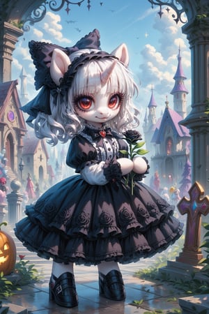 score_9,score_8_up,score_7_up,score_6_up, filly, unicorn, white fur, red eyes, Gothic pony, lolita fashion, glowing backlight, fashion show, graveyard, glitter, whimsical, enchanted, magical, fantasy art concept, intricate details, holding a black rose


