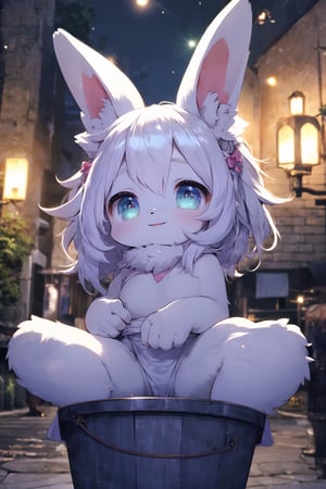 chibi, 1rabbit girl sitting on a bucket pondering his happy life, adorable_eyes, mischievous_smile, masterpiece, best quality, highly detailed, sharp focus, dynamic lighting, vivid colors, texture detail, particle effects, storytelling elements, narrative flair, 16k, UE5, HDR, subject-background isolation,
,furry,(covering crotch),rami