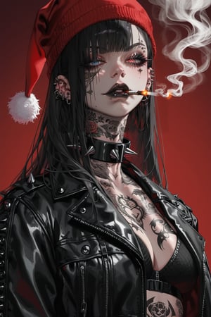 a woman is wearing black, red, and white leather and a hat, spikes, piercing, hat, solo, santa hat, tattoo, jewelry, leather jacket, cigarette, eyebrow piercing, 1girl, ear piercing, lip piercing, black lips, smoking, earrings, leather, spiked collar, jacket, long hair, makeup, hair over one eye, collar, black jacket